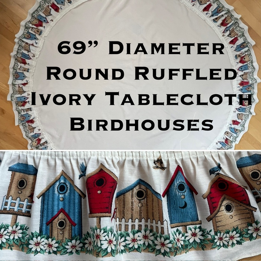 🐦VTG 90s/Y2K Birdhouse Flower Border Round Tablecloth Lightweight Cream Ivory